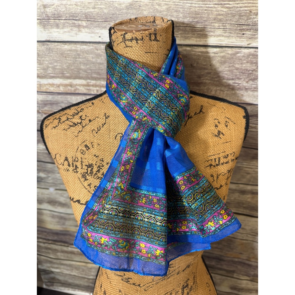 Vintage Royal Blue Sheer Chiffon Satin Striped Floral Paisley Oblong Scarf